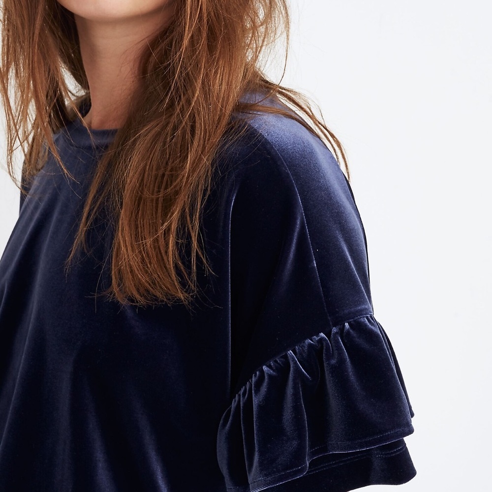 Madewell Velvet Ruffle-Sleeve Tee In Nightfall - Picture 4 of 8